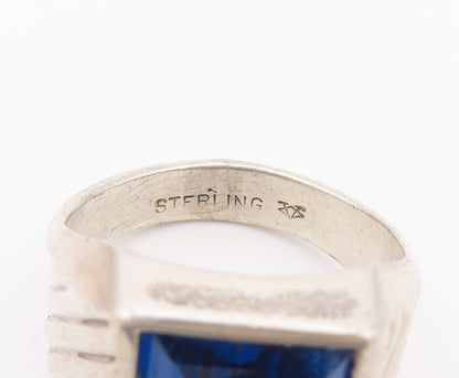 925 Sterling Silver Vintage Ring Rectangle Cut Blue CZ Grooved  SZ 8  RG32178