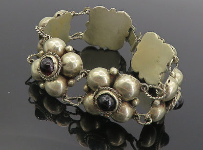 MEXICO 925 Silver  Vintage Antique Garnet Floral Twist Chain Bracelet  BT3554