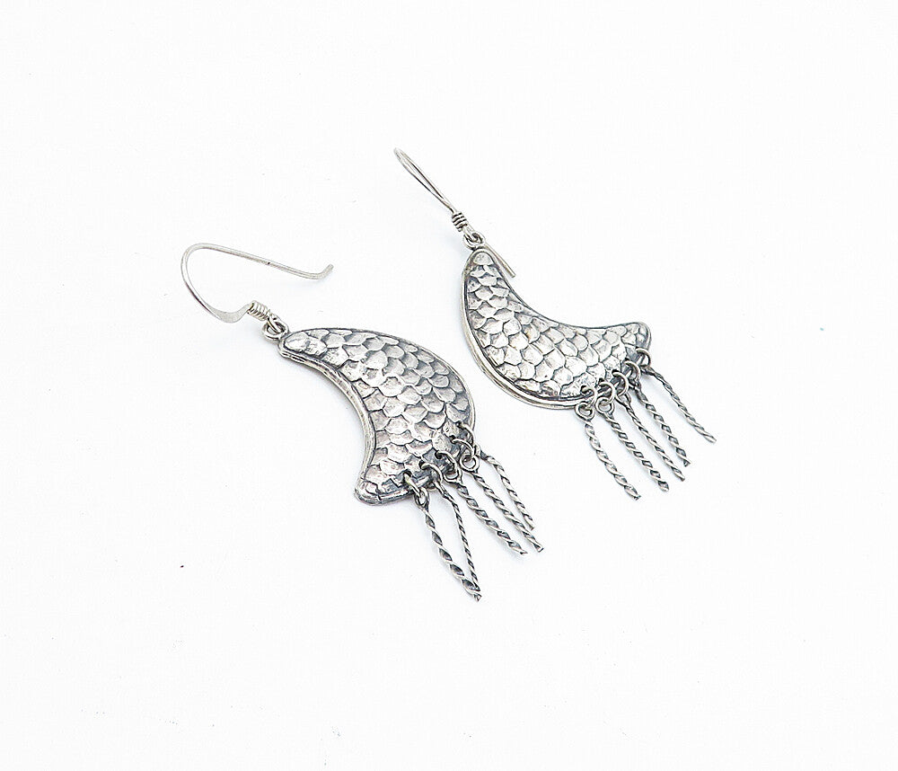 925 Sterling Silver  Vintage Shiny Dark Tone Fish Scale Drop Earrings  EG2517
