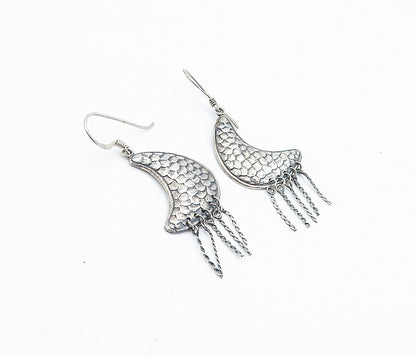 925 Sterling Silver  Vintage Shiny Dark Tone Fish Scale Drop Earrings  EG2517