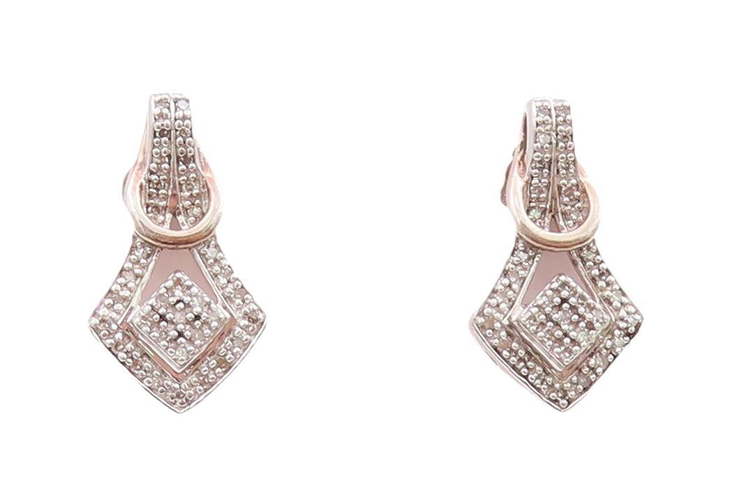 925 Sterling Silver Vintage Earrings Solid Design Cutout Diamonds Inlay  EG13059
