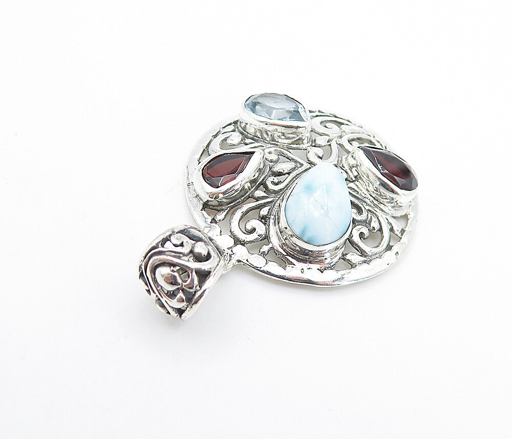 925 Sterling Silver  Larimar Garnet & Blue Topaz Round Swirl Pendant  PT5924