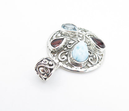 925 Sterling Silver  Larimar Garnet & Blue Topaz Round Swirl Pendant  PT5924