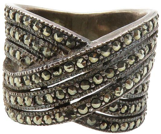 925 Sterling Silver  Vintage Marcasite Dark Tone Split Band Ring Sz 7  RG12328