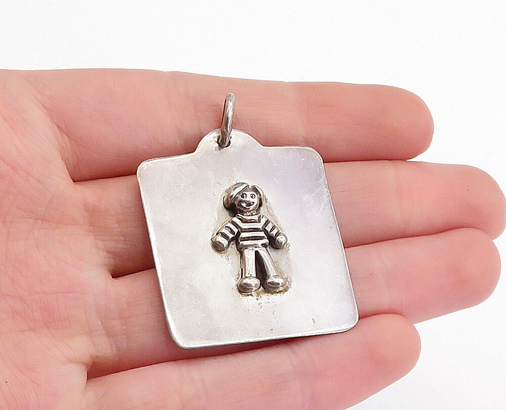 925 Sterling Silver  Vintage Small Child Raised Detail Square Pendant  PT3503