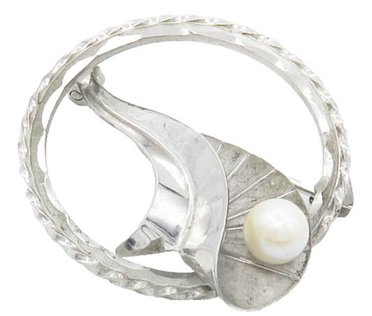 DEC 925 Silver  Vintage Petite Pearl Floral Leaf Round Brooch Pin  BP5788