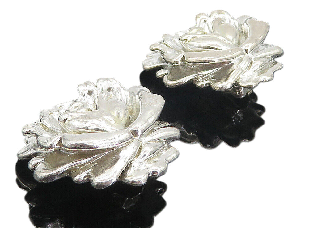 925 Sterling Silver  Vintage Shiny Sculpted Flower Non Pierce Earrings  EG3052