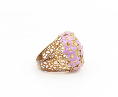 925 Sterling Silver Vintage Ring Gold Plated Enamel Floral Dome  Sz 7  RG35113