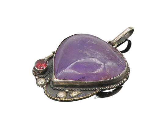 925 Sterling Silver  Vintage Cabochon Amethyst Heart & Garnet Pendant  PT15040