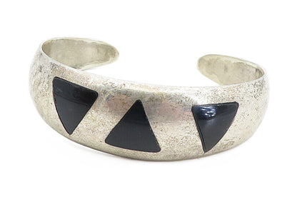 MEXICO 925 Sterling Silver  Vintage Inlaid Black Onyx Cuff Bracelet  BT3849