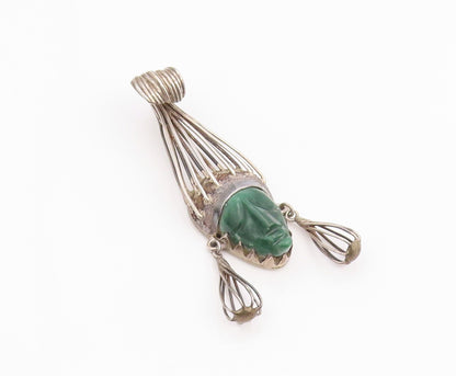 925 Sterling Silver Vintage Pendant TAXCO MEXICO Carved Jade Warrior  PT26046