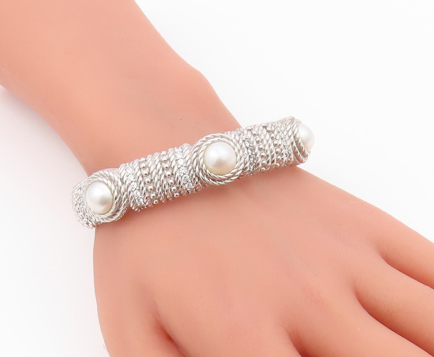 925 Sterling Silver Vintage Bracelet JUDITH RIPKA Round Pearl & CZ Cuff  BT11996