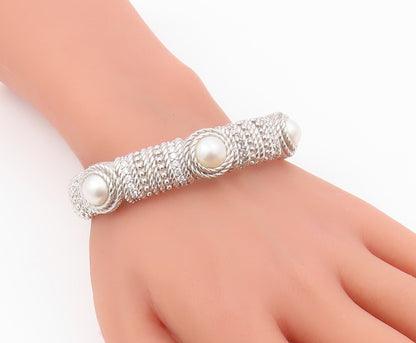 925 Sterling Silver Vintage Bracelet JUDITH RIPKA Round Pearl & CZ Cuff  BT11996