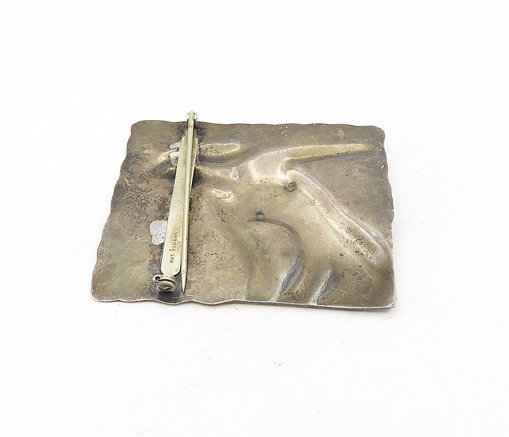 925 Sterling Silver  Vintage Modernist Hammered Woman Square Brooch Pin BP3339