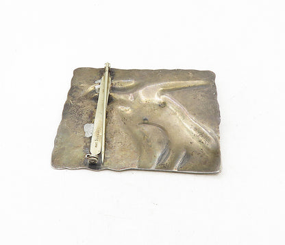 925 Sterling Silver  Vintage Modernist Hammered Woman Square Brooch Pin BP3339