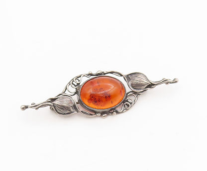 925 Sterling Silver Vintage Brooch Pin Cabochon Honey Amber Floral Leaf  BP12211