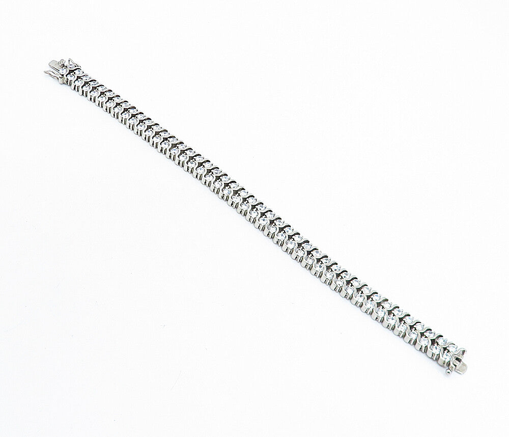 925 Sterling Silver  Vintage Cubic Zirconia Two Row Chain Bracelet  BT2364