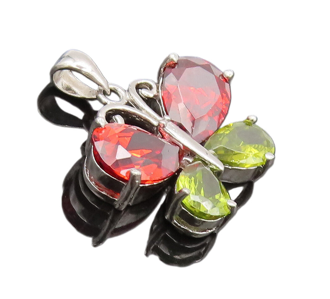 925 Sterling Silver  Vintage Cutout Garnet, Citrine Butterfly Pendant  PT22254