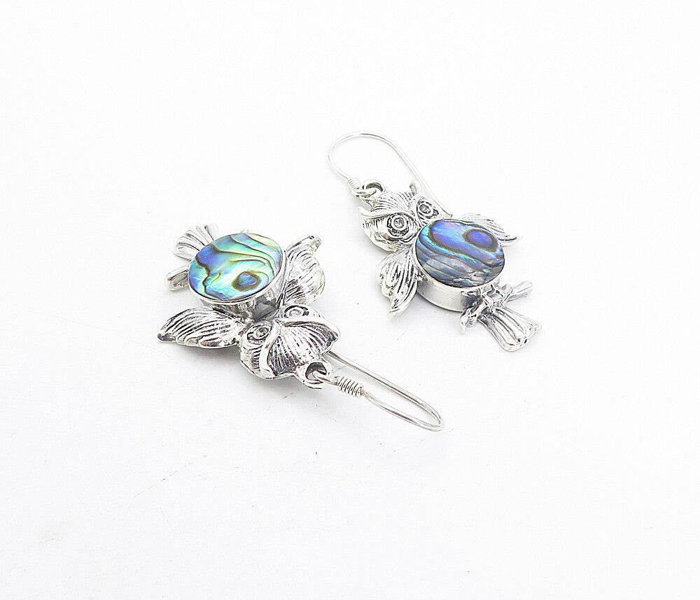 925 Sterling Silver Vintage Abalone Shell Owl Motif Drop Earrings EG3402