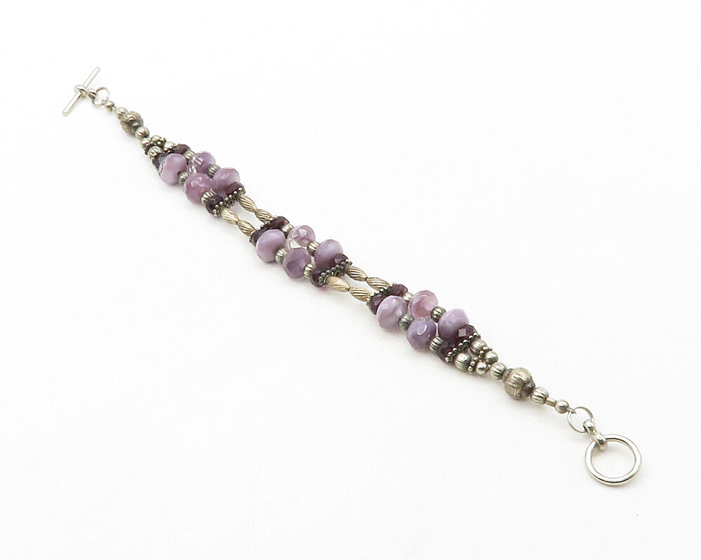 925 Sterling Silver  Vintage Amethyst Beaded Pattern Chain Bracelet  BT5071