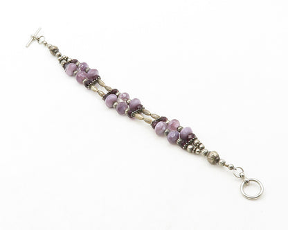 925 Sterling Silver  Vintage Amethyst Beaded Pattern Chain Bracelet  BT5071
