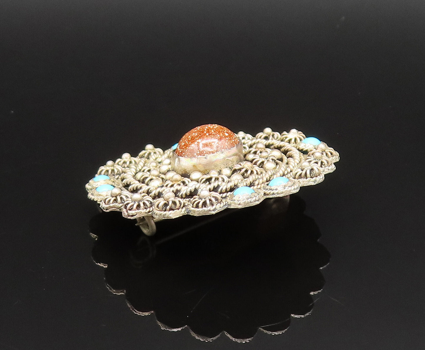 ISRAEL 925 Sterling Silver Vintage Drusy Quartz & Turquoise Brooch Pin BP9605