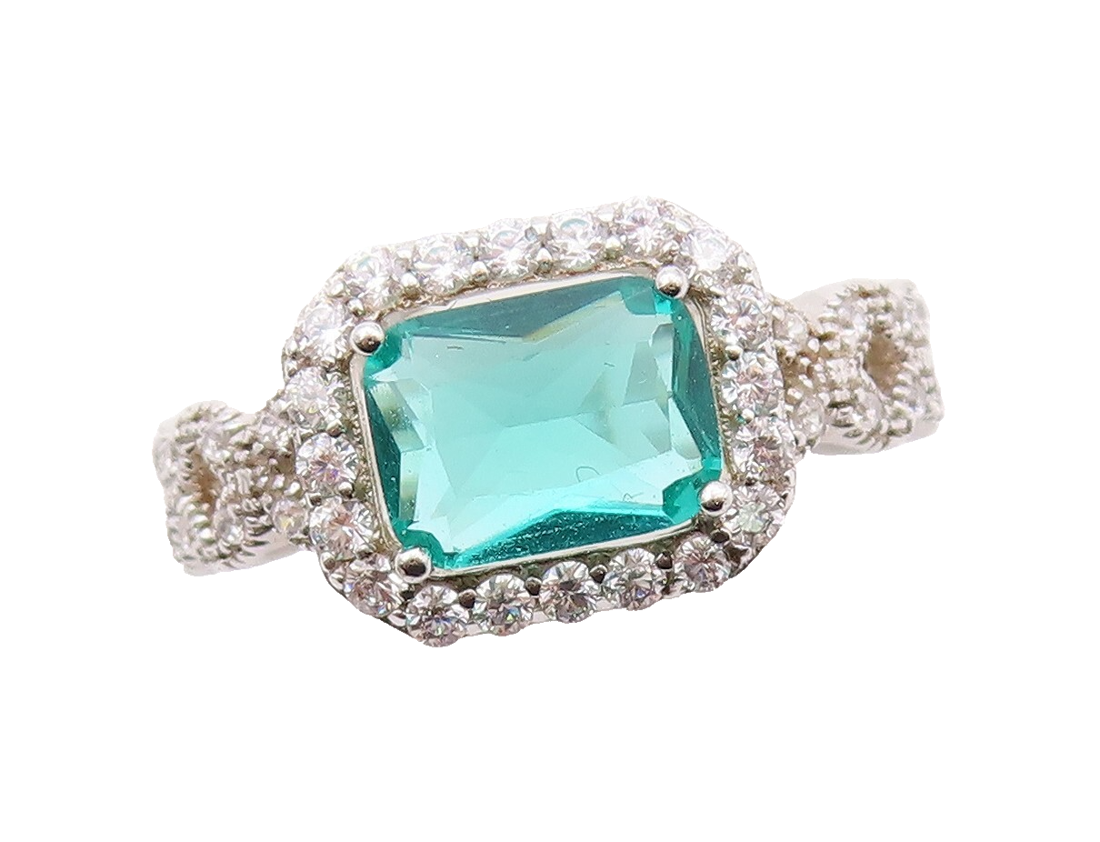 925 Sterling Silver Vintage Ring Rectangle Sea Green Halo White CZ  Sz 7 RG30851