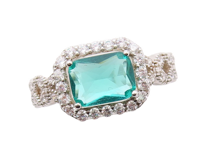 925 Sterling Silver Vintage Ring Rectangle Sea Green Halo White CZ  Sz 7 RG30851
