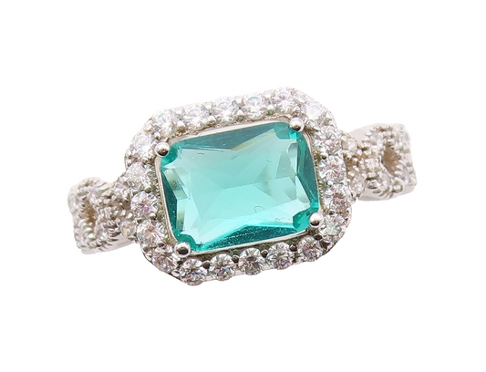 925 Sterling Silver Vintage Ring Rectangle Sea Green Halo White CZ  Sz 7 RG30851
