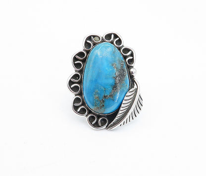 NAVAJO 925 Silver  Vintage Turquoise Leaf Swirl Cocktail Ring Sz 6  RG3871