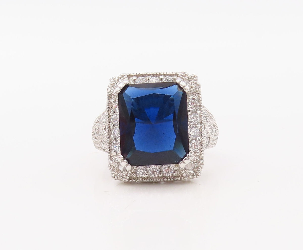 925 Sterling Silver Vintage Ring Rectangle Sapphire Halo CZ Frame  Sz 7  RG30784