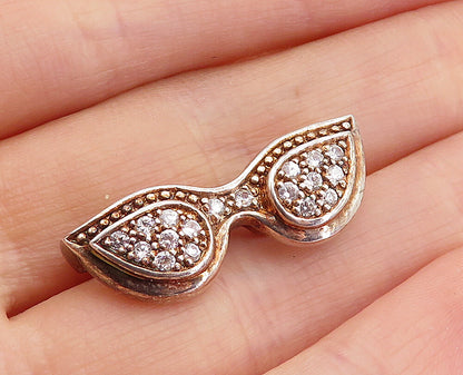 925 Sterling Silver  Vintage Cubic Zirconia Cat Eye Sunglasses Pendant  PT3362