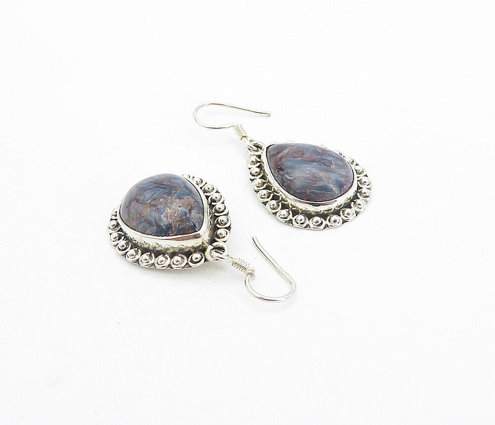 925 Sterling Silver  Vintage Cabochon Cut Jasper Tear Drop Earrings  EG3766