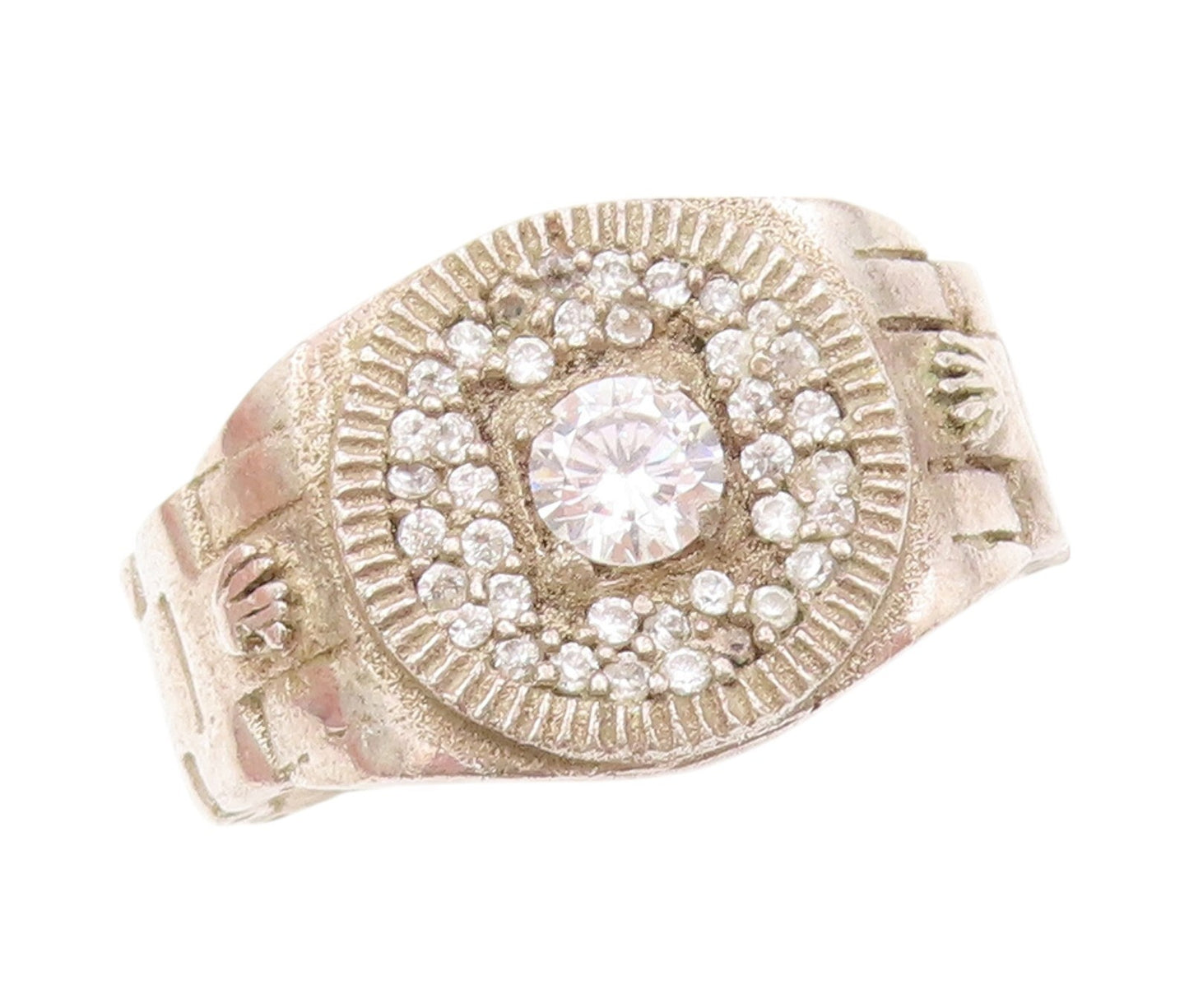 925 Sterling Silver Vintage Ring Designer CZ Watch Belt Carved  Sz 10.5  RG31814