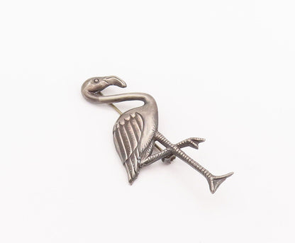 925 Sterling Silver Vintage Brooch Pin 3D Solid Carved Egret Bird  BP10835