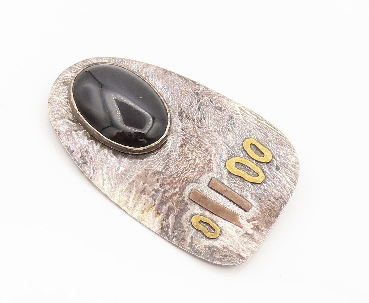 925 Sterling Silver  Vintage Modernist Hammered Large Onyx Brooch Pin  BP10319