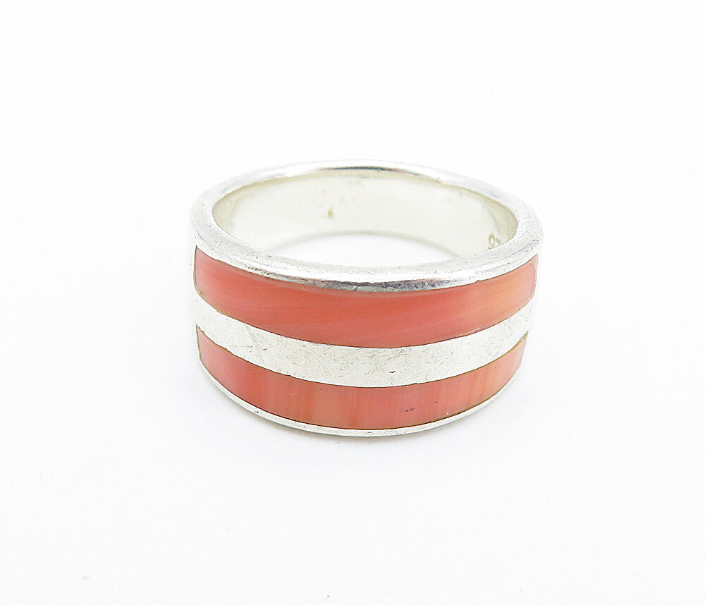 925 Sterling Silver Vintage Rhodochrosite Striped Band Ring Sz 7.5 RG6497