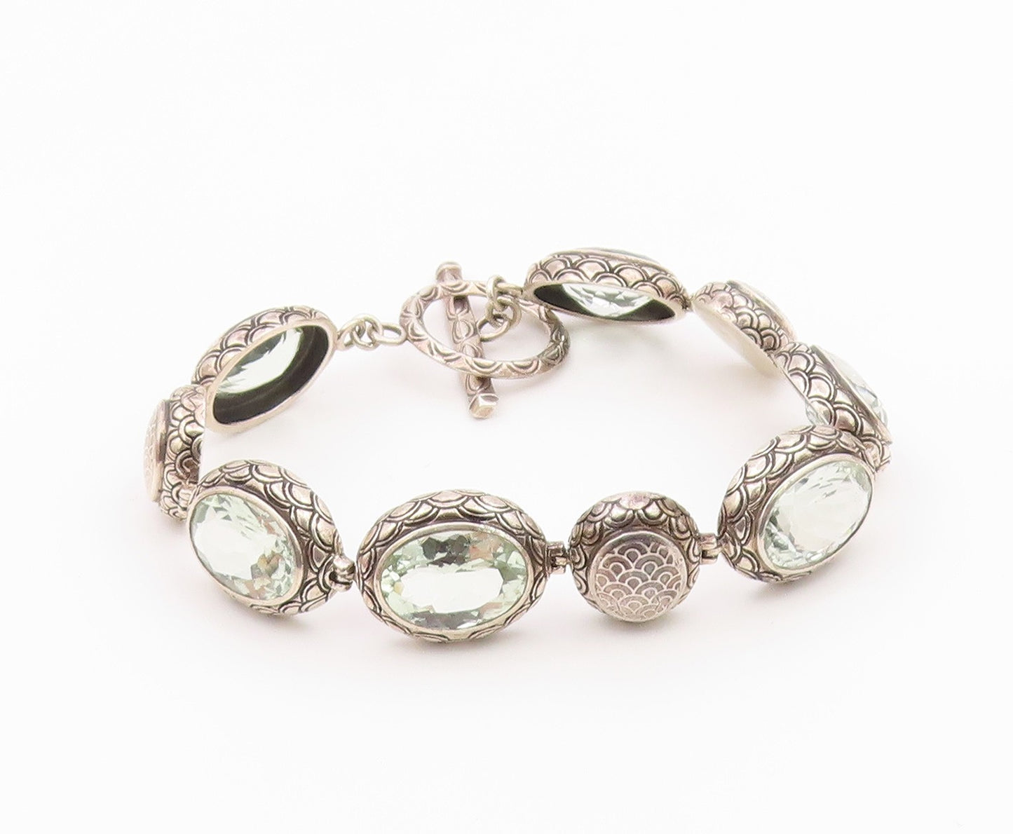 925 Sterling Silver Vintage Bracelet Green Amethyst Etched Oval Link  BT12188