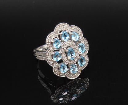 10K GOLD  Vintage Fancy Blue Topaz & Genuine Diamonds Floral Ring Sz 7  GR604