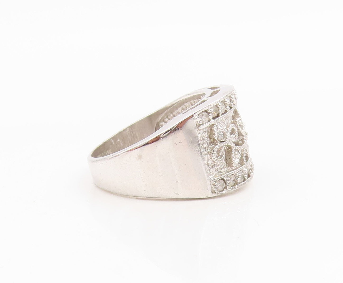 925 Sterling Silver Vintage Ring Elegant CZ Openwork Floral Band Sz 7.5 RG34925
