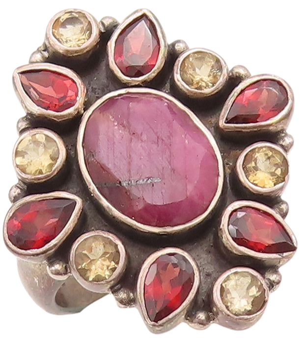 925 Sterling Silver Vintage Ring Garnet Citrine & Gemstone Flower  Sz 6  RG29282