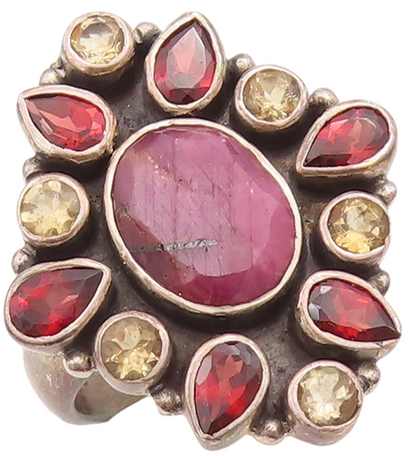 925 Sterling Silver Vintage Ring Garnet Citrine & Gemstone Flower  Sz 6  RG29282