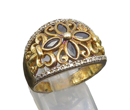 925 Silver  Vintage Two Tone Black Spinel Floral Scroll Ring Sz 10  RG25176