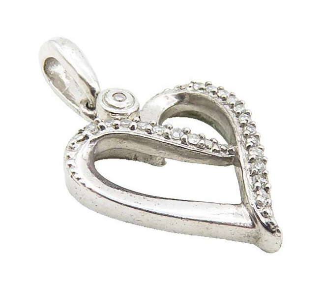 925 Sterling Silver  Shiny White Topaz Petite Open Love Heart Pendant  PT6481