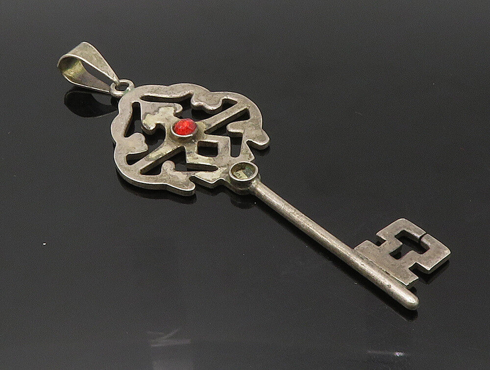 MEXICO 925 Sterling Silver  Vintage Red Stone Dark Tone Key Pendant  PT19831
