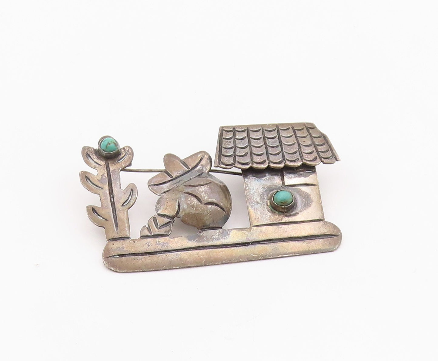 925 Sterling Silver Vintage Brooch MEXICO Turquoise Siesta Scenic Pin  BP12568