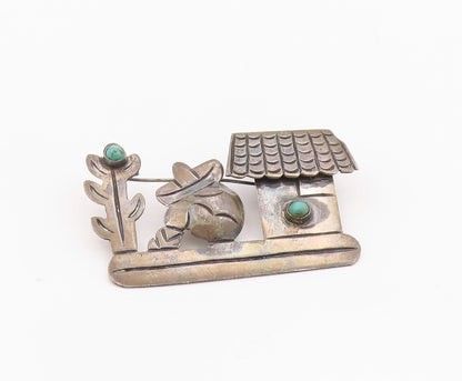 925 Sterling Silver Vintage Brooch MEXICO Turquoise Siesta Scenic Pin  BP12568