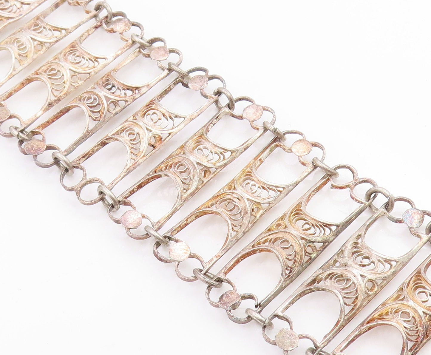 925 Sterling Silver Vintage Bracelet Intricate Filigree Wide Panel Link  BT12040