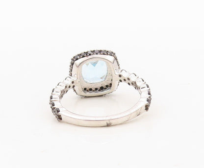 925 Sterling Silver Vintage Ring Square Blue Topaz & Spinel Inlay  Sz 7 RG30354