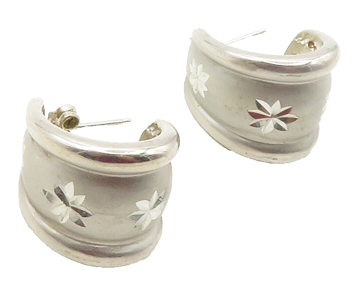 925 Sterling Silver  Vintage Shiny Diamond Cut Floral  JHoop Earrings  EG7735